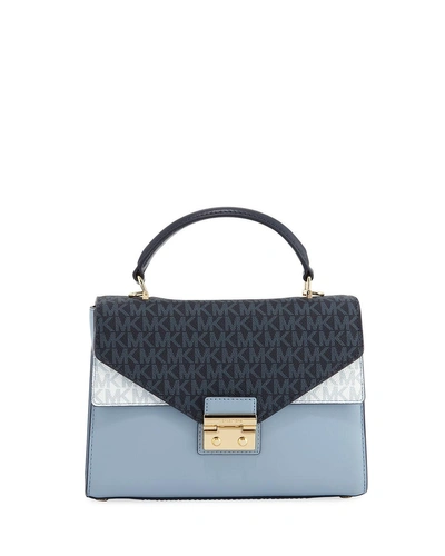 Michael Michael Kors Sloan Medium Double Flap Satchel Bag In Pale Blue/admiral/optic White/gold