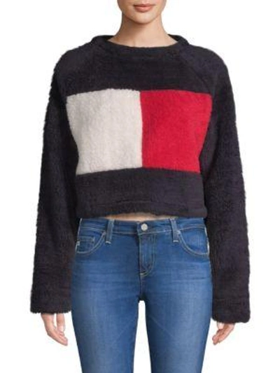 Tommy Hilfiger Cropped Fleece Flag Sweater In Deep Well