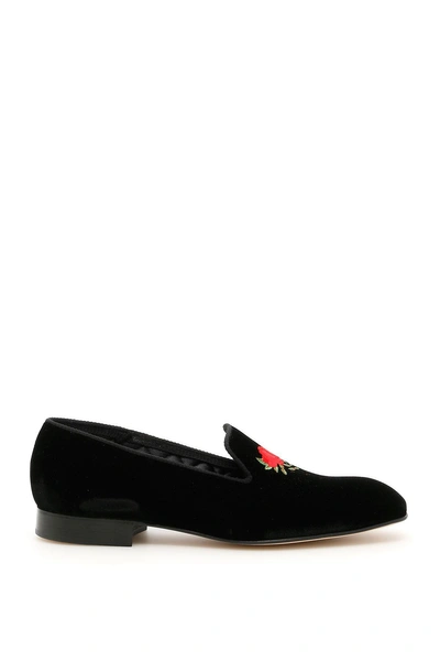 Church's Velvet Loafers With Rose Embroidery In Blacknero