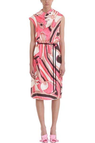 Marc Jacobs Drapped Multicoloured Silk Printed Tie Waist Dress In Rose-pink