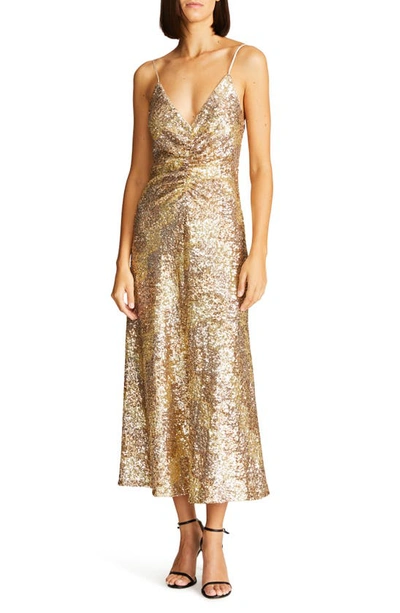 Halston Alesandra Sleeveless Ruched Sequin Midi Dress In Gold Tonal