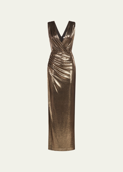 Halston Misha Sleeveless Metallic Jersey Column Gown In Gold