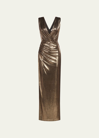 Halston Misha Sleeveless Metallic Jersey Column Gown In Antique Gold