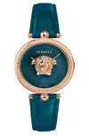 Versace Palazzo Empire Leather Strap Watch, 34mm In Teal/ Rose Gold