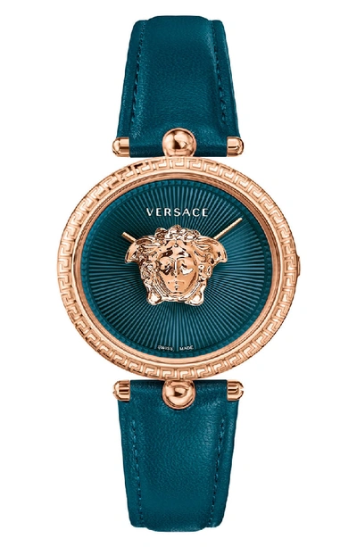 Versace Palazzo Empire Leather Strap Watch, 34mm In Teal/ Rose Gold