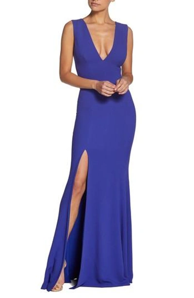 Dress The Population Sandra Plunge Crepe Trumpet Gown In Blue Violet