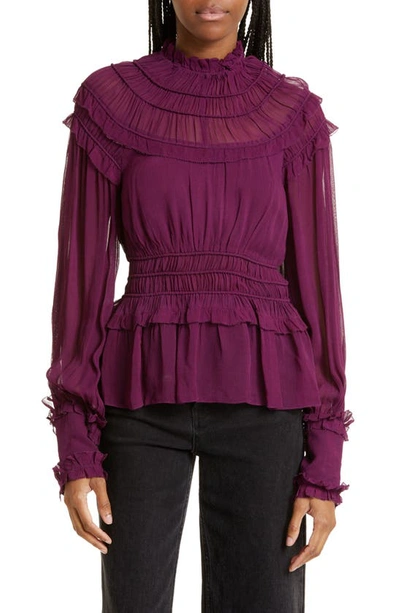 Farm Rio Ruffle Smocked Blouse In Burgundy