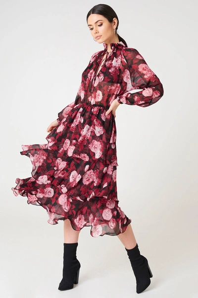 Na-kd High Neck Frill Midi Dress - Red,multicolor In Red Flower