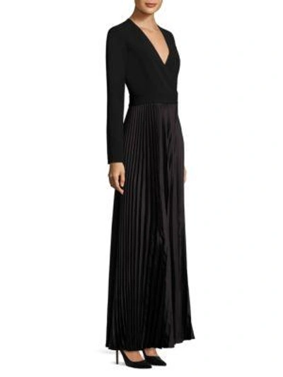 Diane Von Furstenberg Long-sleeve Pleated Wrap Gown In Black Blue