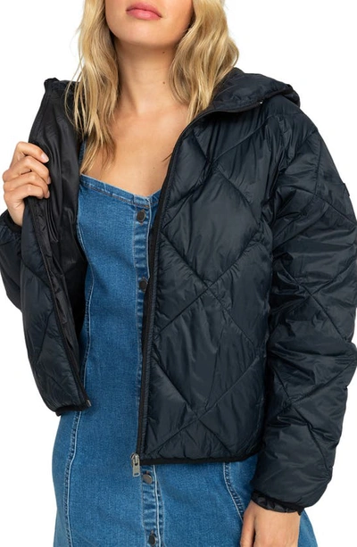 Roxy Juniors' Wind Swept Packable Hooded Puffer Coat In Anthracite