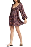 Roxy Sweetest Shores Floral Long Sleeve Babydoll Dress In Anthracite Floral Daze