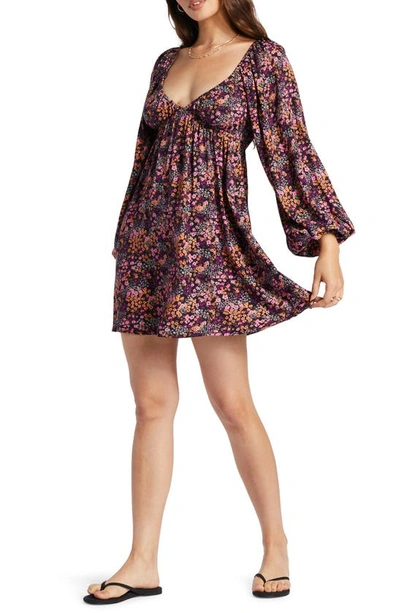 Roxy Sweetest Shores Floral Long Sleeve Babydoll Dress In Anthracite Floral Daze