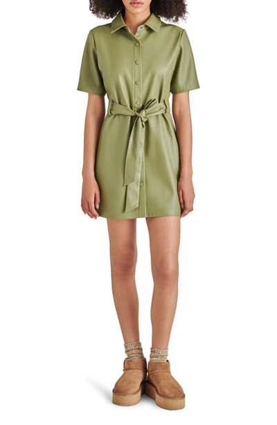 Steve Madden Jolene Belted Faux Leather Mini Shirtdress In Dusty Olive