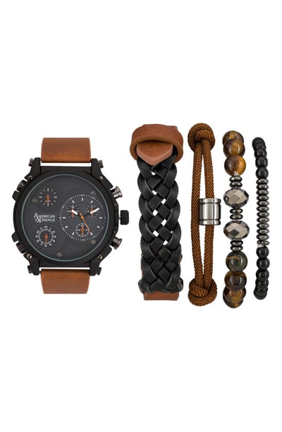 I Touch American Exchange Leather Strap Watch, Bracelet & Interchangeable Straps Set, 44mm In Brown