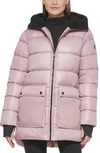Kenneth Cole New York Faux Shearling Lined Hood Channel Quilted Puffer Parka Jacket In Dusty Blush