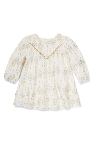 Peek Essentials Babies' Diamond Print Metallic Accent Cotton Dress In Off-white