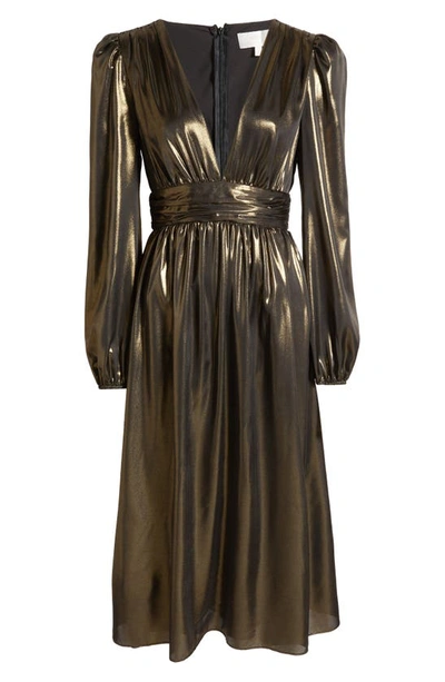 Wayf Plunge Neck Long Sleeve Metallic Lamé Dress In Antique Brass