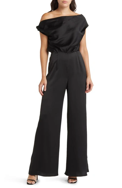 Wayf The Keita One-shoulder Satin Jumpsuit In Black