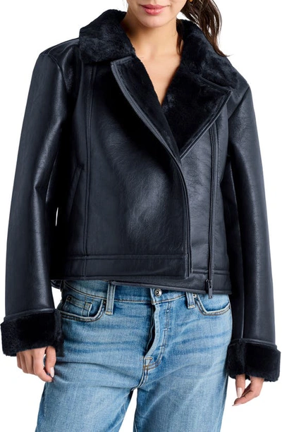 Splendid Faux Leather & Faux Shearling Moto Jacket In Navy