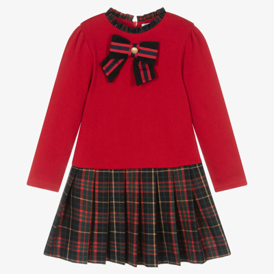 Patachou Kids' Contrasting-trim Tartan-pattern Dress In Red