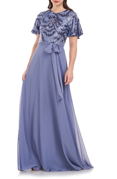 Js Collections Petra Sequin Flutter Sleeve Chiffon Gown In Blue Slate