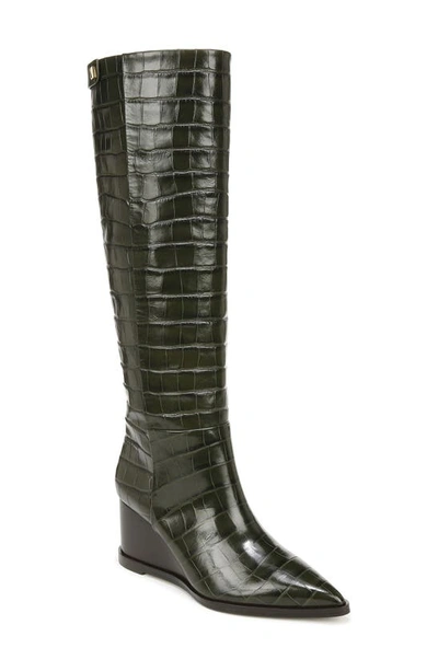 Franco Sarto Estella Pointed Toe Knee High Wedge Boot In Olive Green Croc Leather