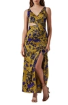 Astr Floral Ruched Cutout Dress In Chartreuse Indigo Floral