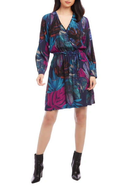 Karen Kane Leaf Print Long Sleeve Faux Wrap Dress