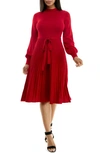 Nina Leonard Tie Waist Fit & Flare Sweater Dress In Red