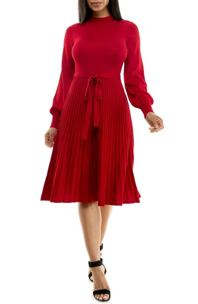Nina Leonard Tie Waist Fit & Flare Sweater Dress In Red