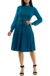 Nina Leonard Tie Waist Fit & Flare Sweater Dress In Teal