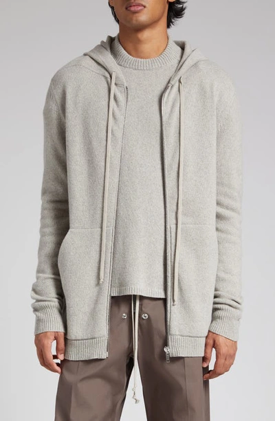 Rick Owens Cashmere Blend Zip-up Sweater With Hood In Pearl