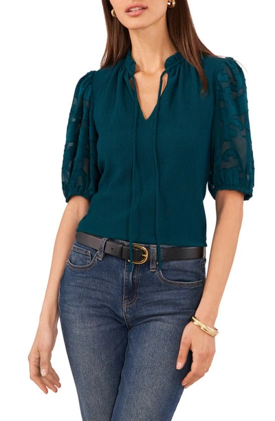 Vince Camuto Floral Sleeve Tie Neck Blouse In Deep Emerald