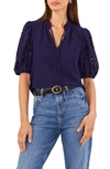 Vince Camuto Floral Sleeve Tie Neck Blouse In Estate Blue