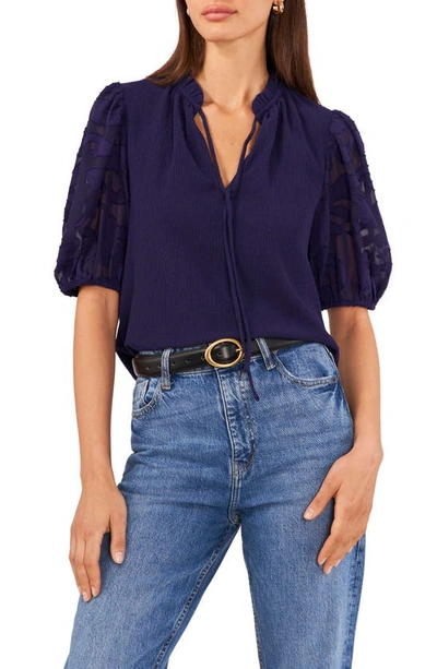 Vince Camuto Floral Sleeve Tie Neck Blouse In Estate Blue