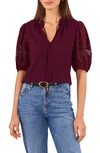 Vince Camuto Floral Sleeve Tie Neck Blouse In Mulberry