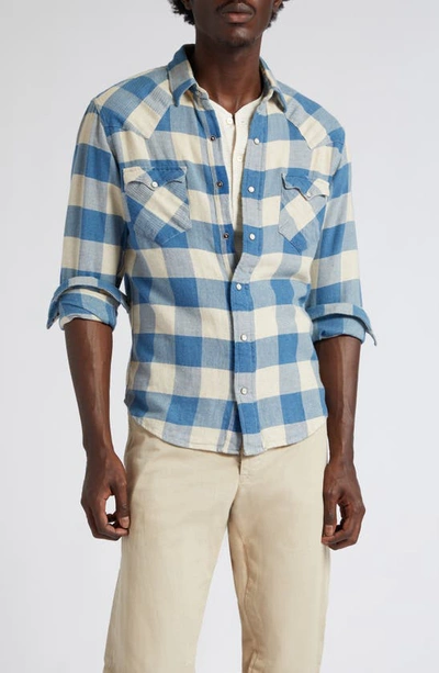 Double Rl Slim Fit Buffalo Plaid Cotton & Linen Twill Western Snap-up Shirt In Rl 158 Indigo Cream