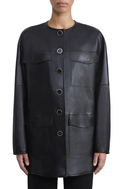Lafayette 148 Four Pocket Leather Overcoat In Black