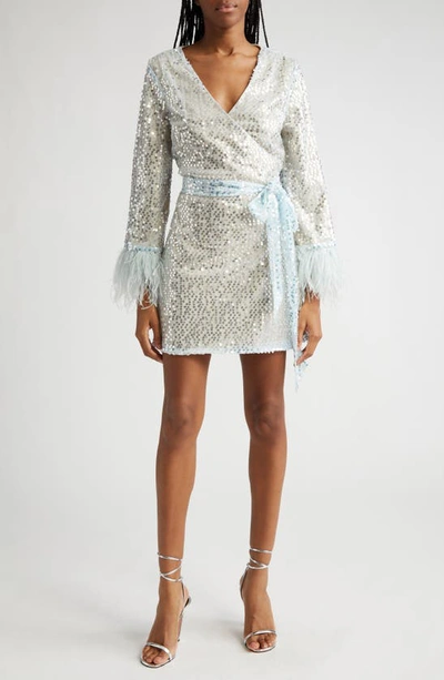 Likely Bridges Sequin Tie Belt Genuine Ostrich Feather Wrap Dress In Light Blue