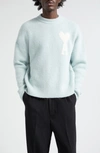 Ami Alexandre Mattiussi De Coeur Intarsia Crewneck Sweater In Aquamarine_ivory