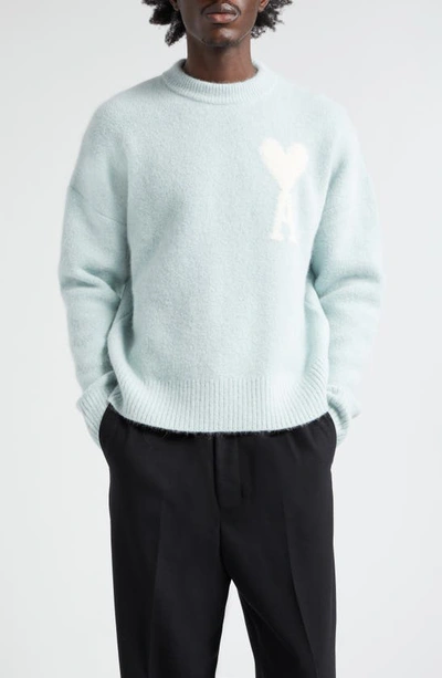 Ami Alexandre Mattiussi De Coeur Intarsia Crewneck Sweater In Aquamarine/ Ivory/ 482