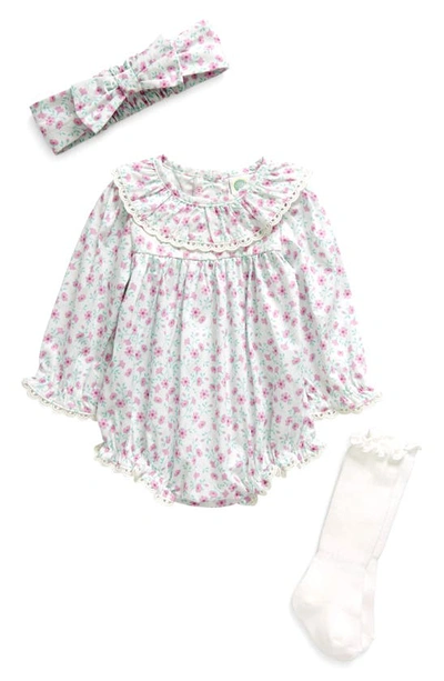 Little Me Babies' Petunia Print Cotton Bubble Romper, Headband & Socks Set In Lavender