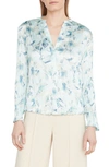 Vince Floral Crushed Satin Blouse In Pale Lagoon
