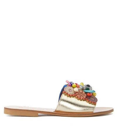 Elina Linardaki Daydream Believer Gold Leather Sandal With Decorations In Multicolor