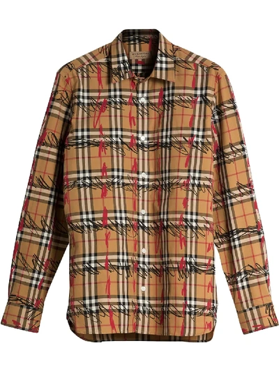 Burberry Scribble Check Cotton Shirt In Yellow | ModeSens