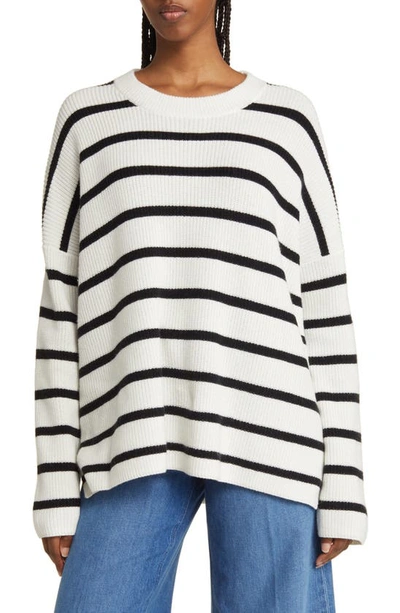 Nordstrom Stripe Oversize Organic Cotton & Wool Crewneck Sweater In Ivory Cloud- Black Stripe