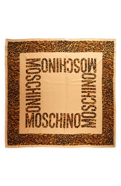 Moschino Leopard Spot Logo Square Silk Scarf In Brown 001