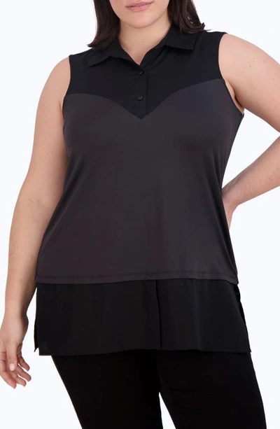 Foxcroft Mixed Media Sleeveless Button-up Shirt In Black