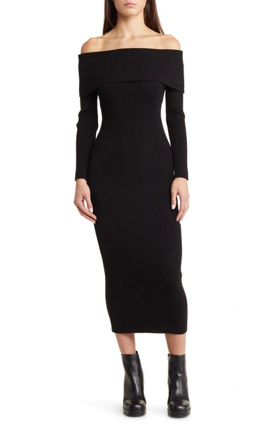Charles Henry Off The Shoulder Long Sleeve Rib Sweater Dress In Black