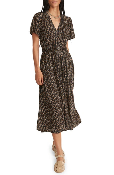 Marine Layer Annika Floral Smocked Waist Midi Dress In Black | ModeSens